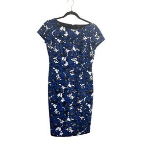 TALBOTS 2 Cobalt Blue PONTE KNIT Zip FLORAL Cap Sleeve Knee SHEATH DRESS #6109